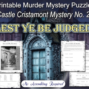 Może przedstawiać: Drukowana zagadka kryminalna zatytułowana "Lest Ye Be Judged" osadzona w Zamku Cristamont. Zagadka zawiera czarno-biały obraz dziedzińca z fontanną oraz oddzielną stronę z krzyżówką.