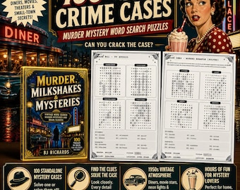 Livro de Caça-Palavras de Mistério e Assassinato dos Anos 50 | 100 Casos Criminais Clássicos | PDF para Imprimir para Detetives