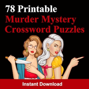 Può includere: Illustrazione per download digitale con il testo "78 Printable Murder Mystery Crossword Puzzles". Sono raffigurate due donne in stile pop art. Il testo "Instant Download" è su uno striscione rosso.