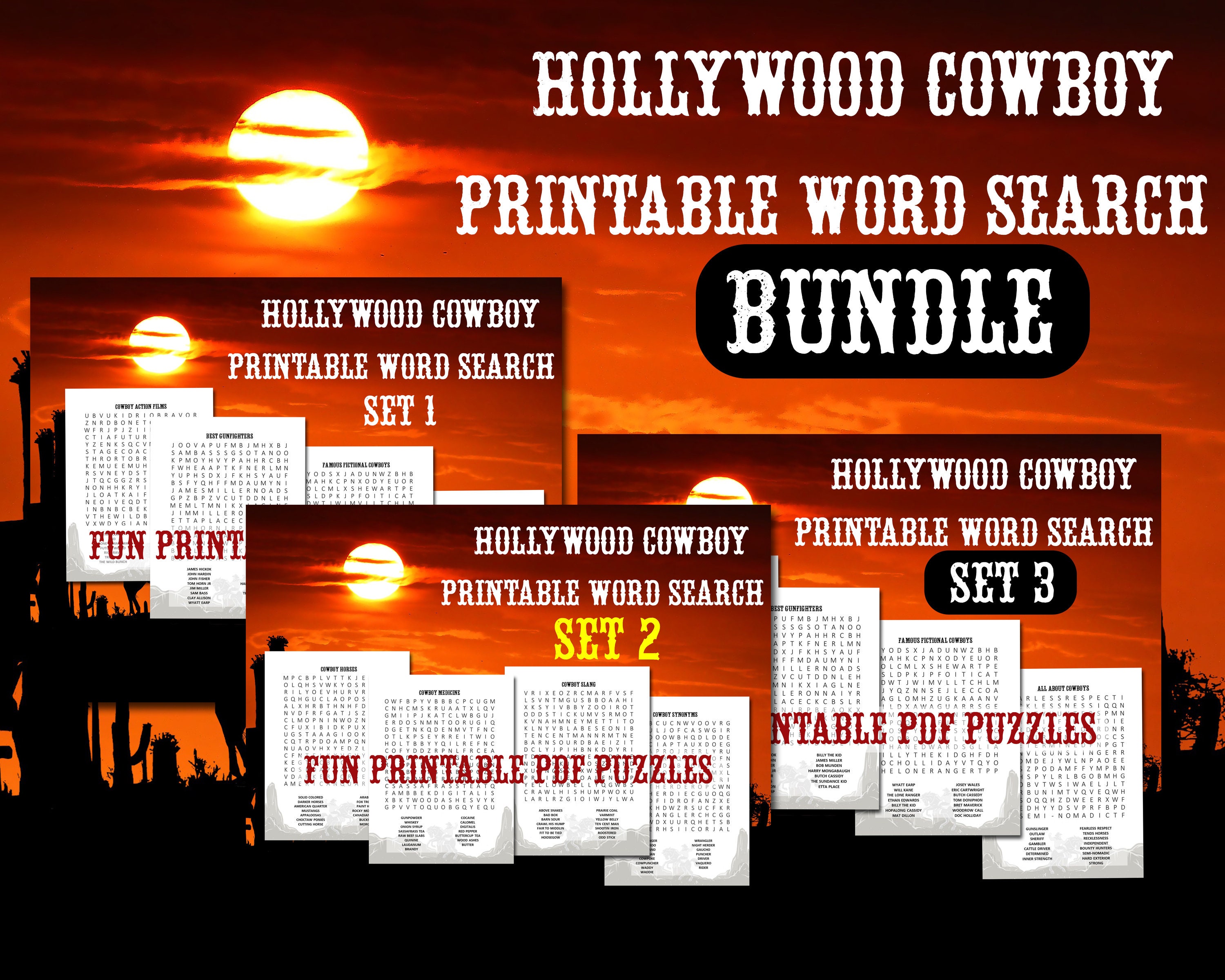 Word Search PDF Bundle Printable | Hollywood Cowboys Western Wild West Theme| 20 Puzzles & Answers Game|  |Adult Teens Kids Family |Download