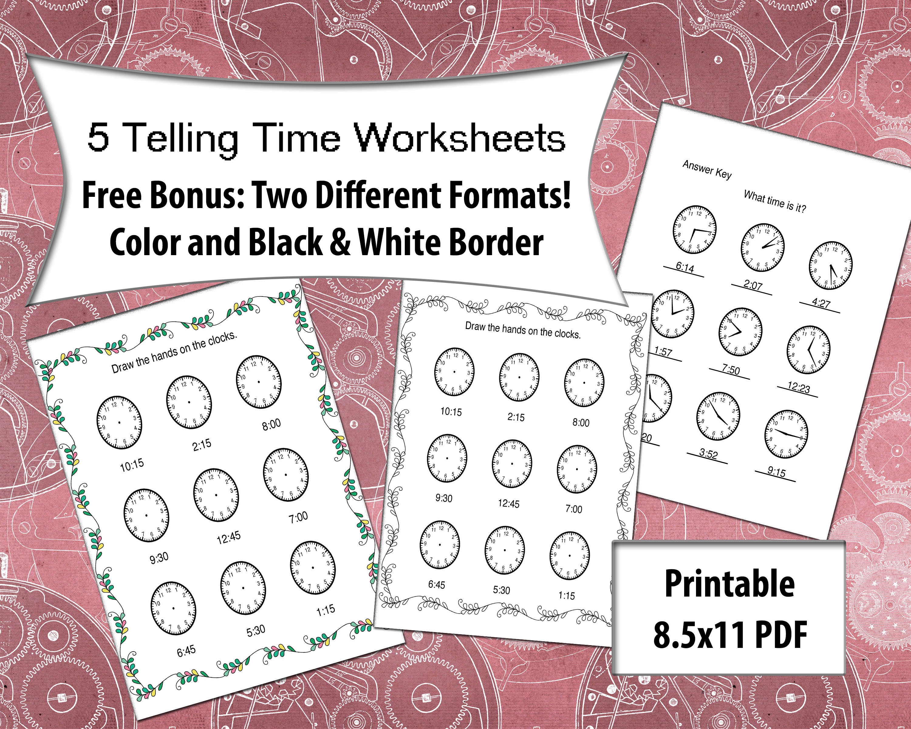 telling time printable worksheets color and black and white etsy