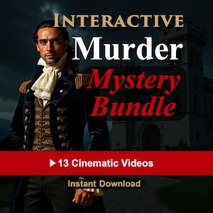 Paquete interactivo de misterio de asesinato / 13 vídeos cinematográficos / 6 casos sin resolver imprimibles / Biografías de personajes / Descarga instantánea