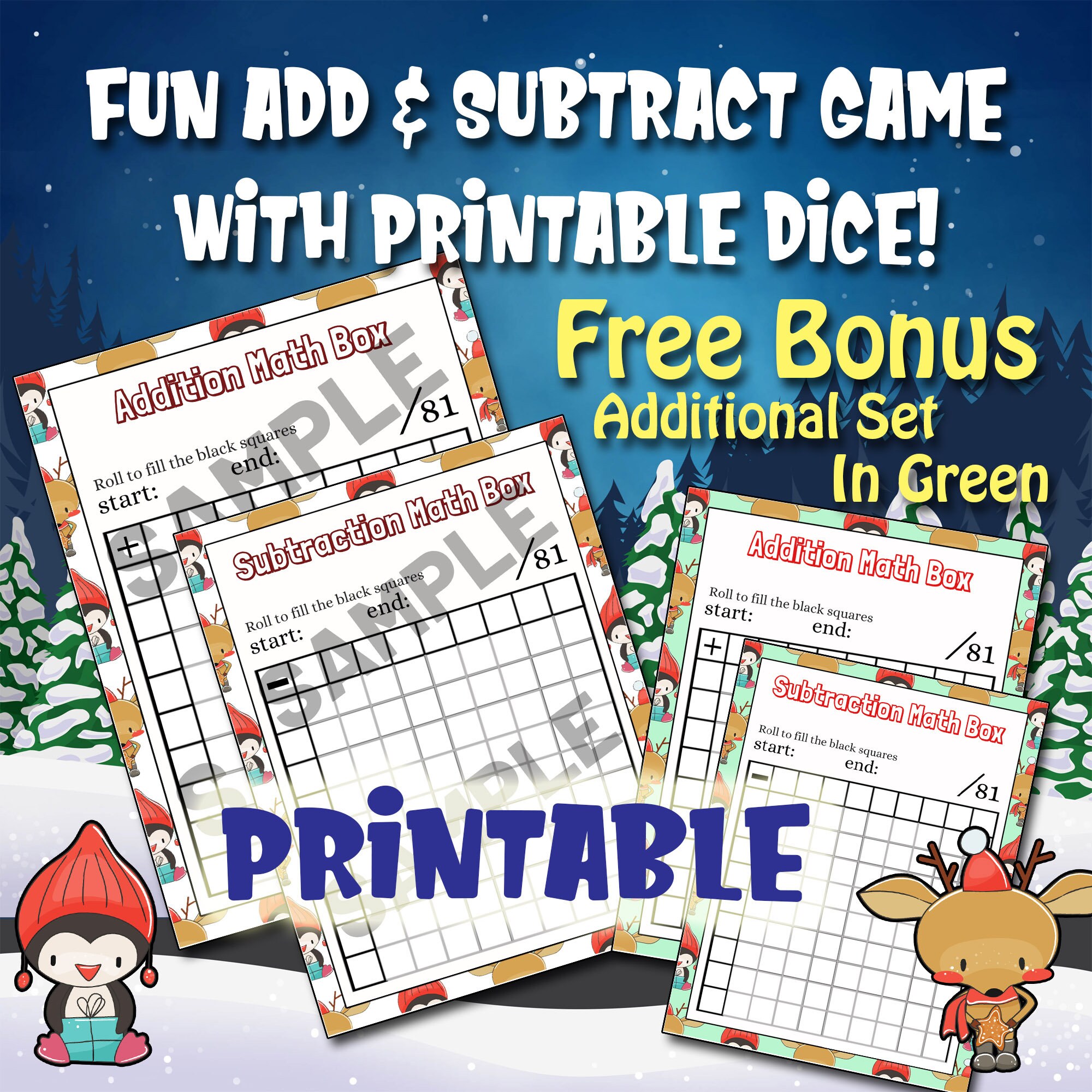 Fun Add Subtract Math Game Worksheets-Holiday Winter Christmas Theme-Printable-Instant Download-Homeschool-2 Digit-Kindergarten-First Grade