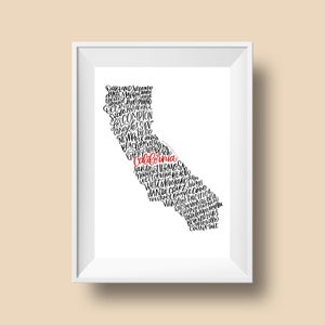 California Kaart, Gift voor Californische vriend, Steden van Californië, House Warming Gift, Hostess Gift, Bon Voyage Gift, Californië Kalligrafie
