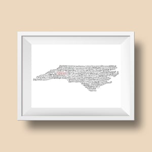 North Carolina Kaart, Gift voor Noord-Karolingische vriend, Steden van NC, House Warming Gift, Hostess Gift, Bon Voyage Gift, NC Kalligrafie