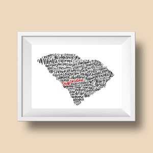 South Carolina Kaart, Gift voor Zuid-Karolingische vriend, Steden van SC, House Warming Gift, Hostess Gift, Bon Voyage Gift, SC Kalligrafie