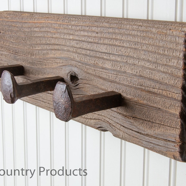 Barn wood Hat Rack with railroad spikes - 3 hook rustic coat rack - Wild Country Products