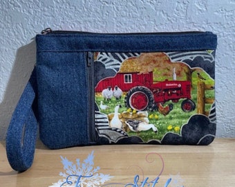 Zippy Clutch- Denim Chicken Farm