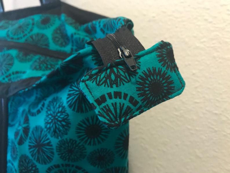 Ready to ship Teal with black circles tote with black vinyl bottom