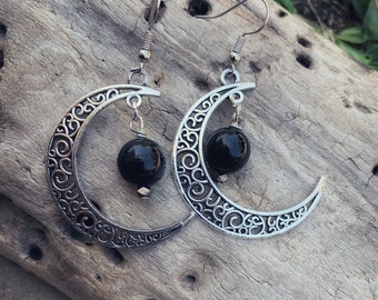 Black tourmaline earrings, crescent moon earrings