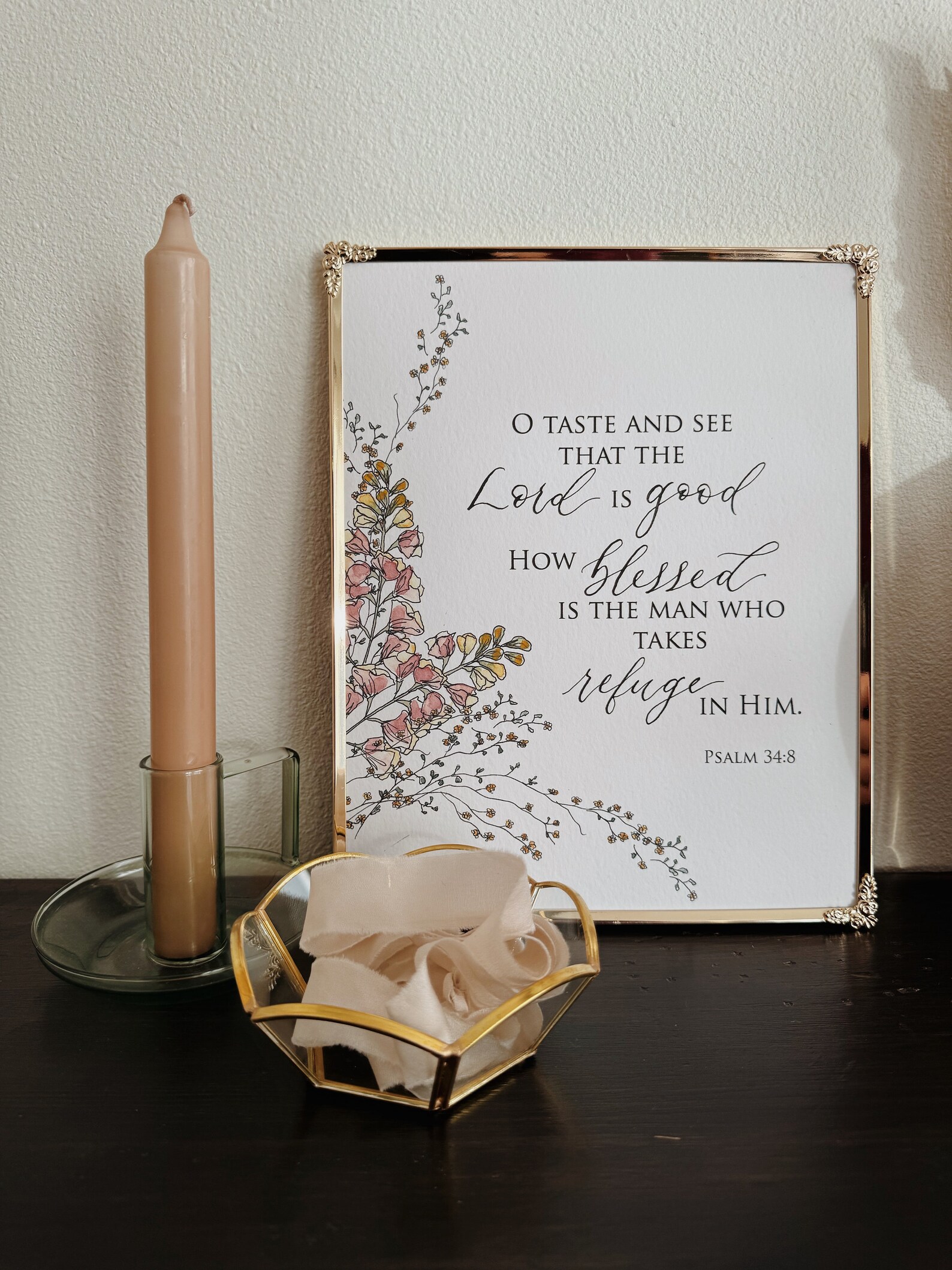 8x10 Psalm 34:8 Calligraphy Font Watercolor Florals Print on Italian ...