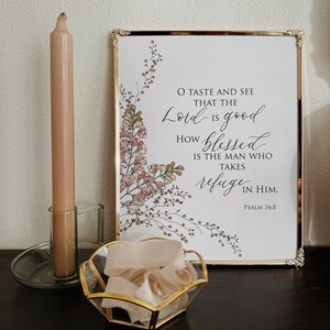 8x10 Psalm 34:8 Calligraphy Font Watercolor Florals Print on Italian ...