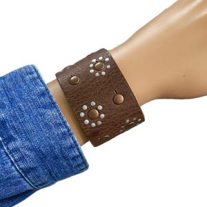 Hand Painted Leather Cuff Bracelet: Sunflower Rivets, Boho Jewelry