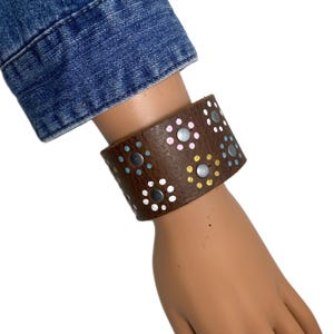 Hand Painted Leather Cuff Bracelet: Boho Flower Rivet Design