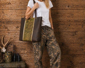 Distressed Leather Tote: Camouflage Panel, Riveted Detail