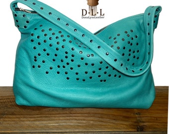 Turquoise leather slouch bag, custom leather purse, turquoise leather bag, turquoise leather purse