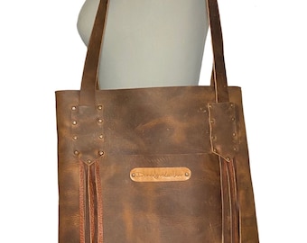 distressed leather tote, custom tote, medium brown leather tote