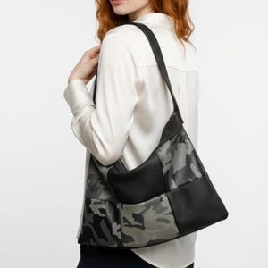 patchwork leather camo shoulder slouch bag