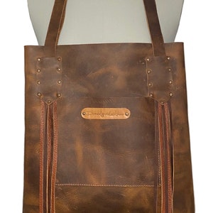distressed leather tote, custom tote, medium brown leather tote