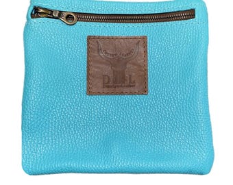 Turquoise Leather Makeup Bag: Handmade Pebble Grain Purse