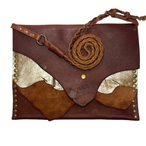 Handmade Distressed Leather Crossbody Bag: Metallic Patchwork Clutch