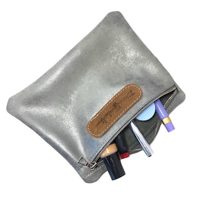Silver Leather Zipper Pouch: Metallic Cosmetic Bag, Purse Organizer