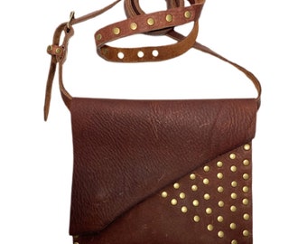 Small leather purse, brown leather crossbody, leather bag with studs, hands free purse