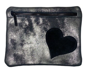 purse organizer, black leather pouch, black and silver makeup bag, cosmetic bag leather, metallic black bag, heart shape on bag,