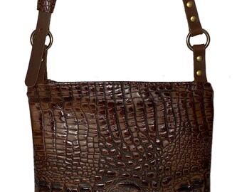 Brown leather crossbody, small brown purse, alligator embossed leather, gator leather bag, one of a kind leather purse