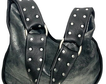 leather shoulder bag, leather purse, metallic leather purse, black leather purse