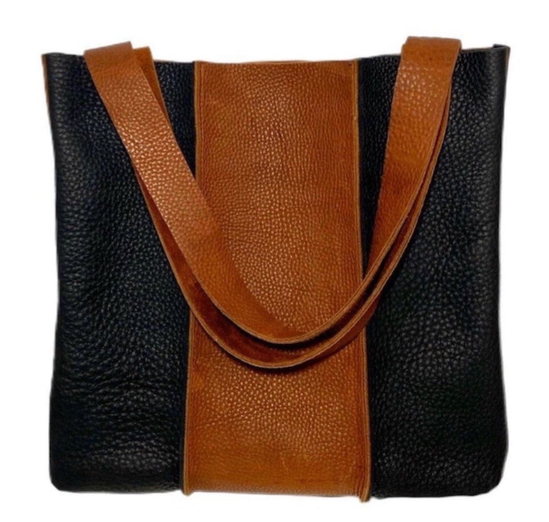 Brown and Black Leather Tote Two Toned Leather Bag Leather Etsy