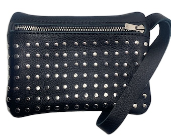 Studded leather wristlet, small leather purse, small black leather purse, black purse with studs, leather wristlet