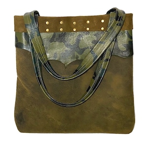 genuine leather tote, camo leather tote, distressed leather tote, olive green purse, camo purse