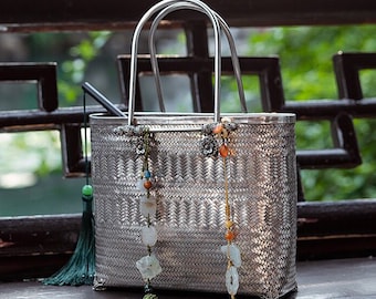 Hand-woven sterling silver bag engraving process, eternal life bag