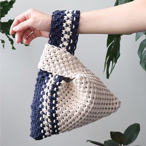 Hand-knitted bag, bohemian style, blue and white