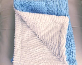 Handmade Crochet Baby Blanket: Blue and White Car Seat Cover + Stroller +
