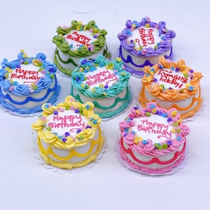7 pieces Miniature HBD Cake 7 colors, Miniature Fake cake, Miniature sweet cake Dollhouse cake, Dolls and miniature