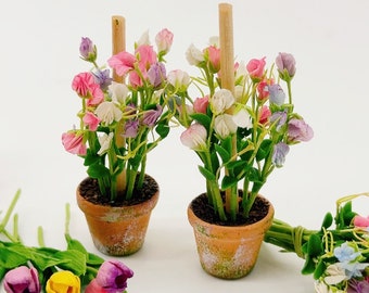 Pois de senteur miniature en argile dans un pot de 2 cm, bonbon miniature, fleur miniature, fleur de maison de poupée, jardin miniature