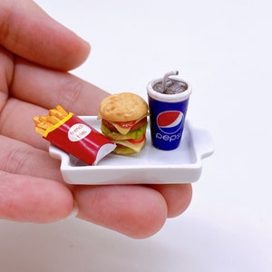 Miniature Double Burger, with Beverage in tray fairy for dollhouse 1:12 scale