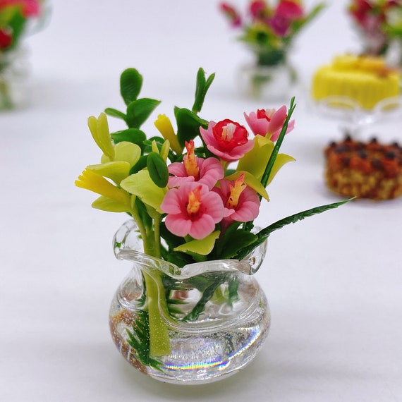Miniature Flowers Bouquet in Glass Bowl Decorate for Dollhouse and