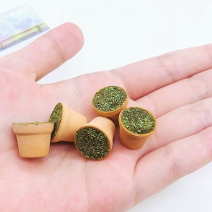 May include: Five miniature terracotta pots filled with green moss. The pots are arranged in a hand, with the tops of the pots facing the camera.