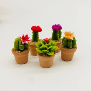 5 Miniature Clay Cactus Pots: Dollhouse Garden Decor