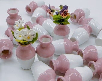10 stuks miniatuur keramische wit-roze glanzende vaas, miniatuurpot, miniatuur Fairy Garden schaal 1:12