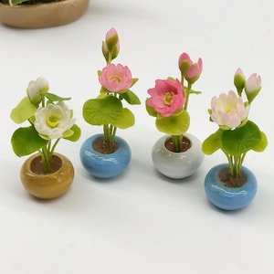 4 pieces Miniature Lotus in ceramic bowl, Miniature flower, Dollhouse Flower,Miniature Garden