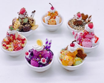 7 pieces Miniature Ice cream in bowl, Miniature Sweet for Dollhouse, Fake Food