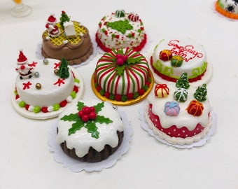 7 pieces Miniature Christmas Cake, Fake Cake made clay polymer decorate for dollhouse collection