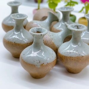 以下が含まれることがあります： 手作りの小さなセラミック花瓶のコレクション。各花瓶は、明るい青灰色の上の部分と茶色の下の部分が特徴です。花瓶は丸みを帯びたボディと細い首があり、小さな花や装飾的なアクセントを飾るのに最適です。