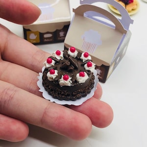 以下が含まれることがあります： 白いフロスティングと赤いチェリーがトッピングされたミニチュアチョコレートケーキ。ケーキは白い紙のドイリーの上に置かれ、手で持たれています。