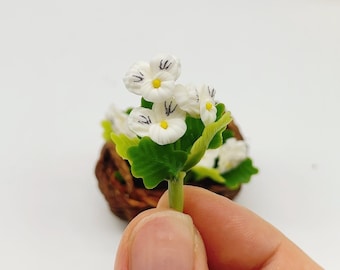 5 pieces Miniature white Pansy made clay polymer, Miniature decorate for Garden Dollhouse 1:12 scale