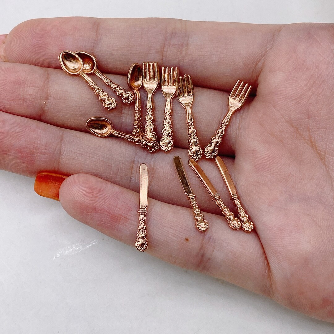 12 Pieces Miniature Set Kitchenware Silver , Rose Gold Knifes, Fork ...